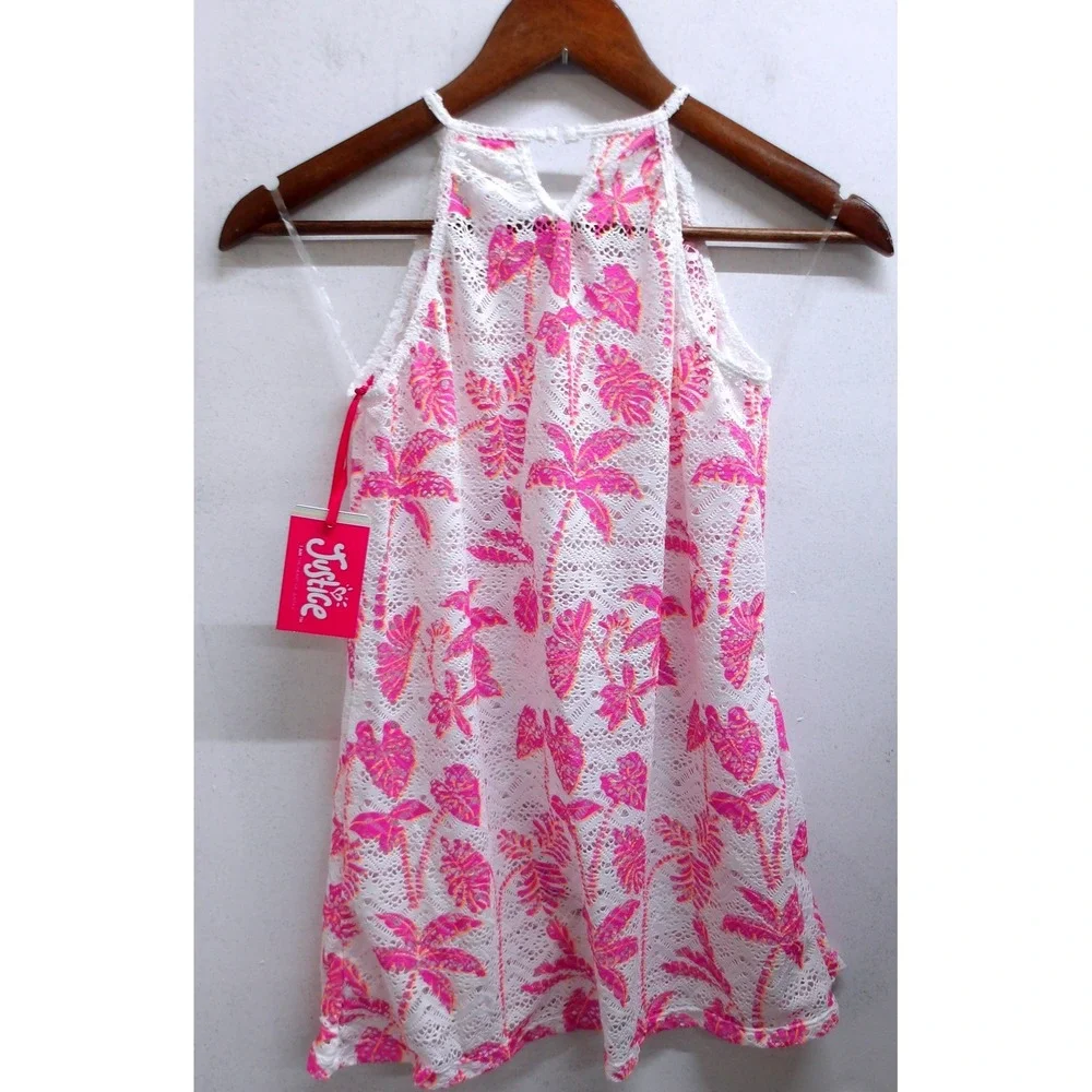 Justice Girls‎ L 12/14 Pink Palm Tree Lace Halter Cover Up Tropical / #26568